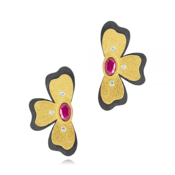 Two-tone Floral Diamond And Ruby Flower Climbers - Three-Quarter View -  107239