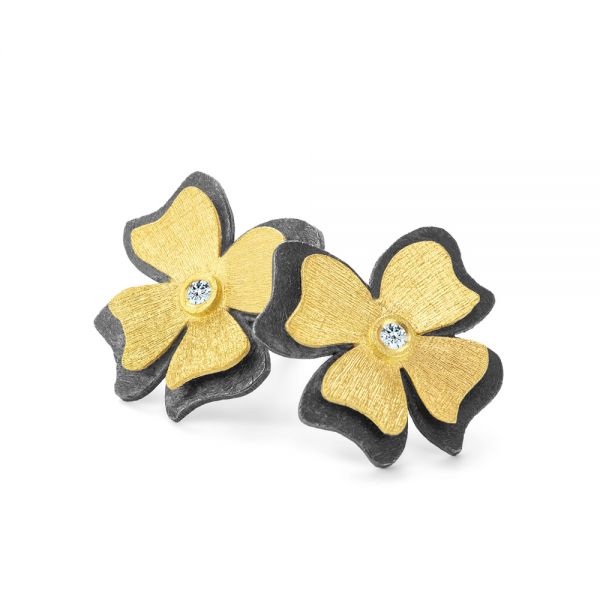 Two-tone Flower Diamond Earrings - Flat View -  107231