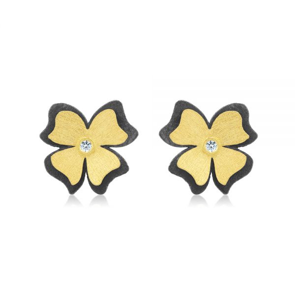 Two-tone Flower Diamond Earrings - Three-Quarter View -  107231