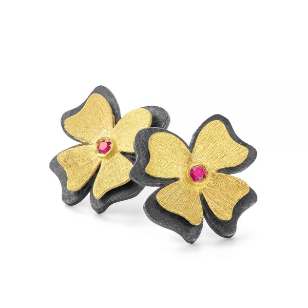Two-tone Flower Ruby Earrings - Flat View -  107230