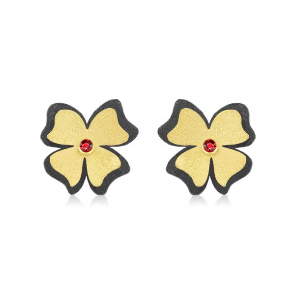 Two-tone Flower Ruby Earrings - Three-Quarter View -  107230