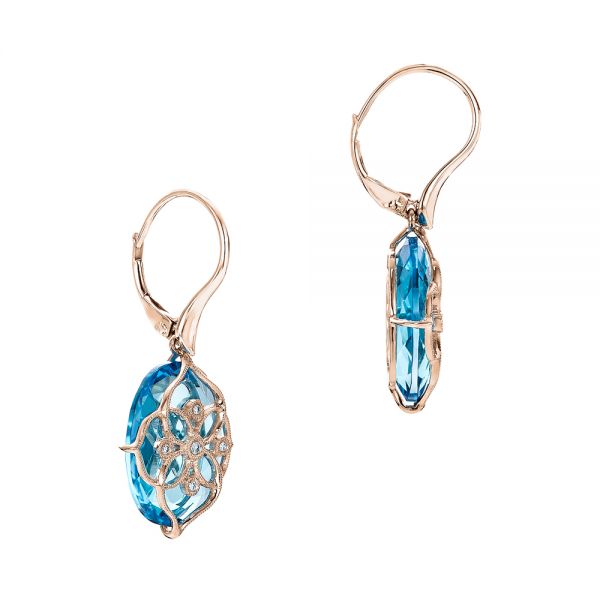 14k Rose Gold 14k Rose Gold Vintage Filigree Blue Topaz And Diamond Earrings - Front View - 101857