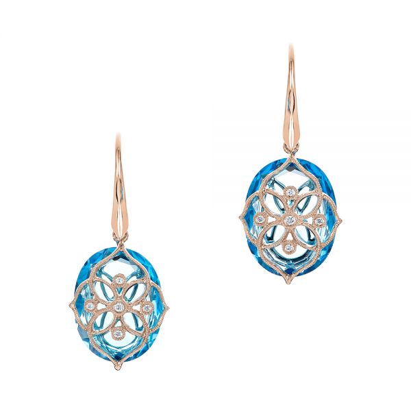 18k Rose Gold 18k Rose Gold Vintage Filigree Blue Topaz And Diamond Earrings - Three-Quarter View -  101857