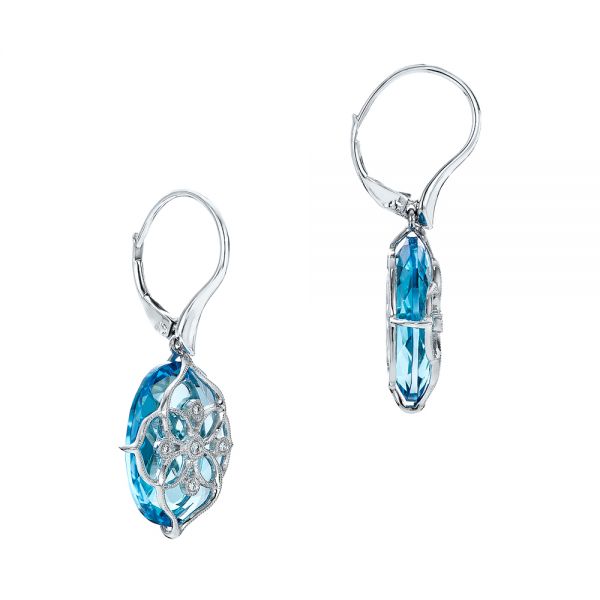 14k White Gold Vintage Filigree Blue Topaz And Diamond Earrings - Front View -  101857