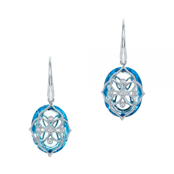 14k White Gold Vintage Filigree Blue Topaz And Diamond Earrings - Three-Quarter View -  101857