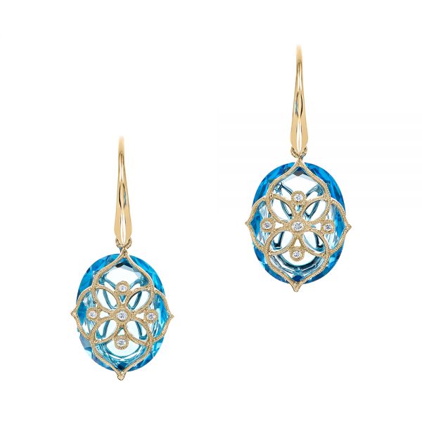 18k Yellow Gold 18k Yellow Gold Vintage Filigree Blue Topaz And Diamond Earrings - Three-Quarter View -  101857