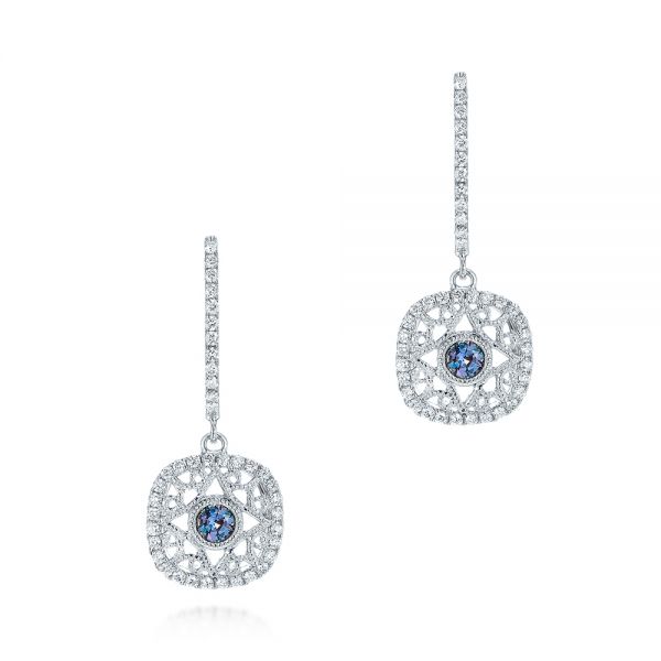 14k White Gold Vintage-inspired Alexandrite And Diamond Earrings - Three-Quarter View -  106012