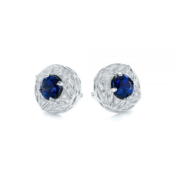  Platinum Platinum Vintage-inspired Diamond And Blue Sapphire Earrings - Front View -  103276