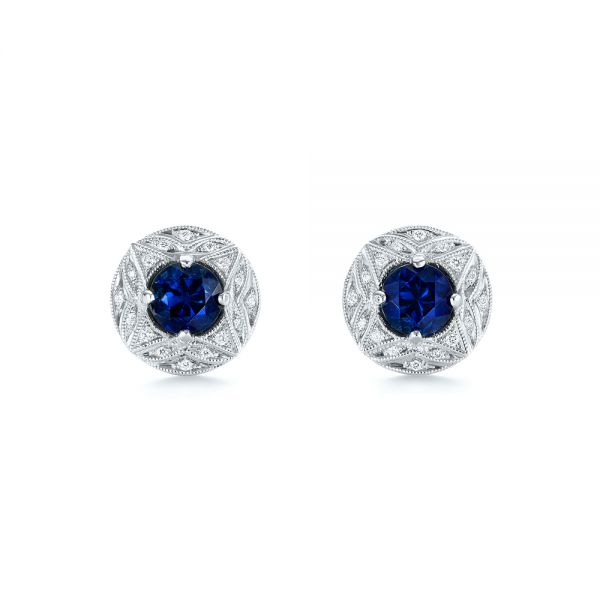 18k White Gold Vintage-inspired Diamond And Blue Sapphire Earrings - Three-Quarter View -  103276