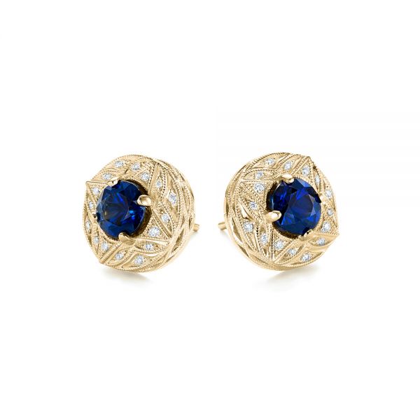 18k Yellow Gold 18k Yellow Gold Vintage-inspired Diamond And Blue Sapphire Earrings - Front View -  103276