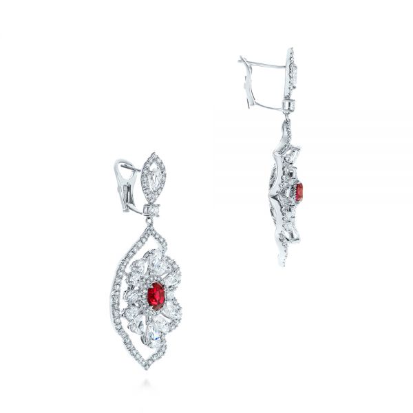 18k White Gold Vintage Starburst Ruby And Diamond Earrings - Front View -  105674