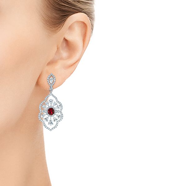 18k White Gold Vintage Starburst Ruby And Diamond Earrings - Hand View -  105674