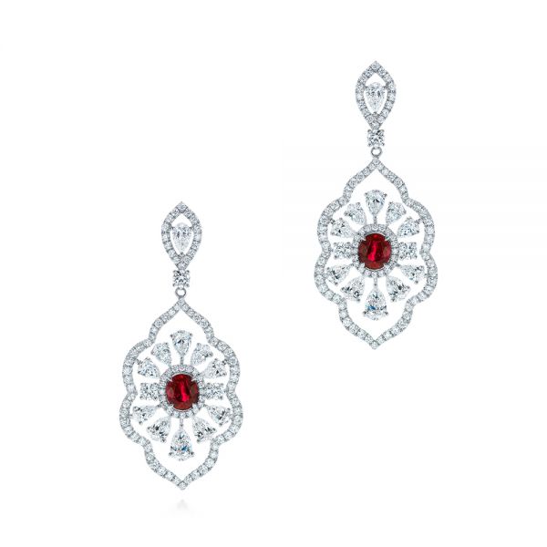 18k White Gold Vintage Starburst Ruby And Diamond Earrings - Three-Quarter View -  105674