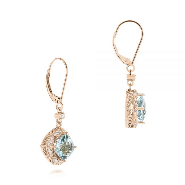 14k Rose Gold 14k Rose Gold Vintage-inspired Aquamarine And Diamond Earrings - Front View - 103609