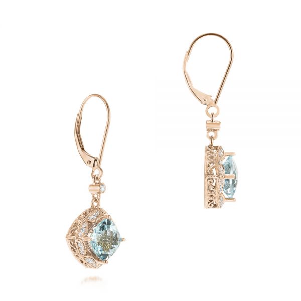 14k Rose Gold 14k Rose Gold Vintage-inspired Aquamarine And Diamond Earrings - Front View -  103609