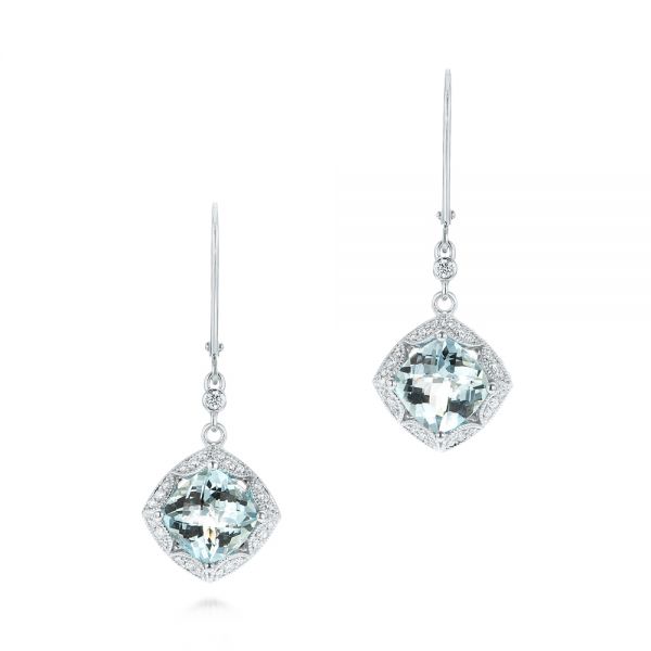 18k White Gold Vintage-inspired Aquamarine And Diamond Earrings - Three-Quarter View -  103609