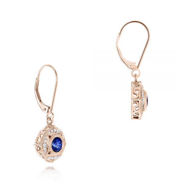 14k Rose Gold 14k Rose Gold Vintage-inspired Blue Sapphire And Diamond Earrings - Front View - 103330