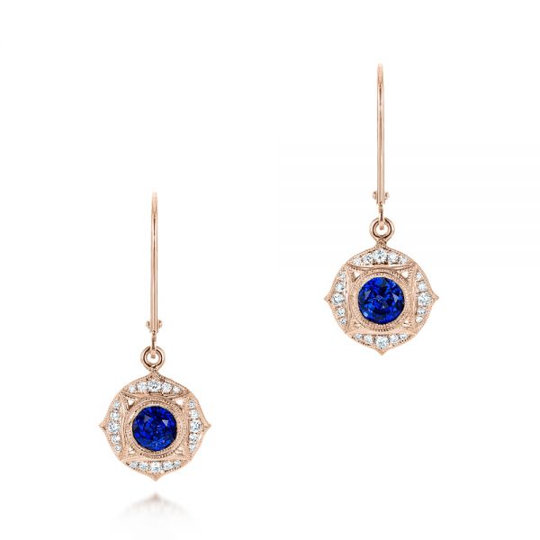 18k Rose Gold 18k Rose Gold Vintage-inspired Blue Sapphire And Diamond Earrings - Three-Quarter View -  103330