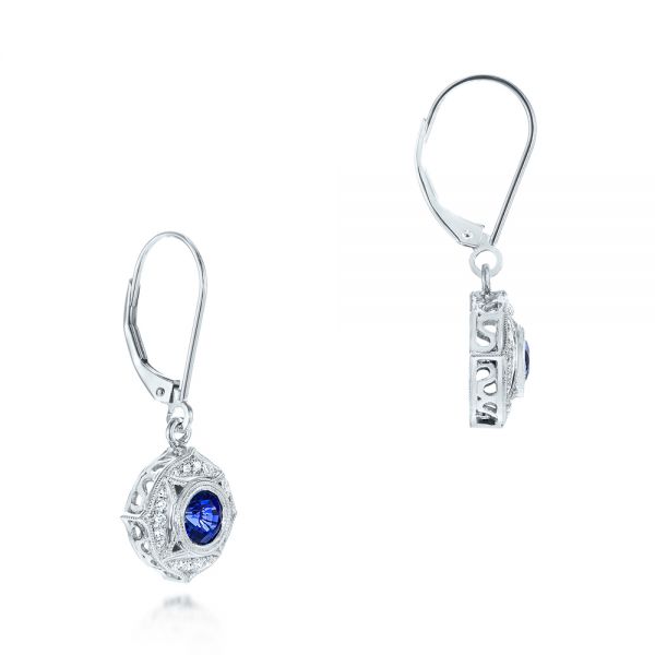 18k White Gold Vintage-inspired Blue Sapphire And Diamond Earrings - Front View -  103330