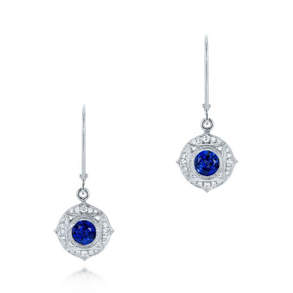 18k White Gold Vintage-inspired Blue Sapphire And Diamond Earrings - Three-Quarter View -  103330