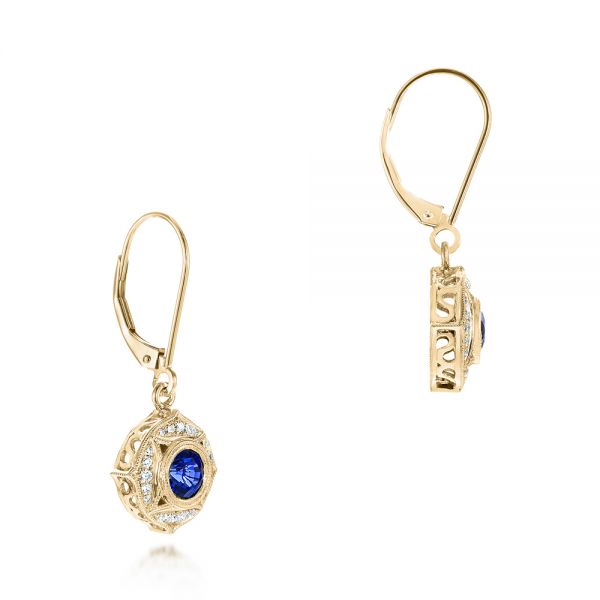 14k Yellow Gold 14k Yellow Gold Vintage-inspired Blue Sapphire And Diamond Earrings - Front View -  103330