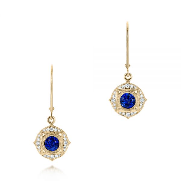 18k Yellow Gold 18k Yellow Gold Vintage-inspired Blue Sapphire And Diamond Earrings - Three-Quarter View -  103330