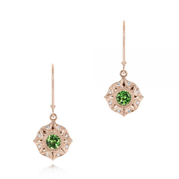 14k Rose Gold 14k Rose Gold Vintage-inspired Tsavorite And Diamond Earrings - Three-Quarter View -  103331