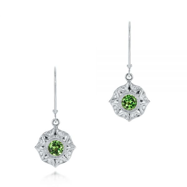 14k White Gold 14k White Gold Vintage-inspired Tsavorite And Diamond Earrings - Three-Quarter View -  103331