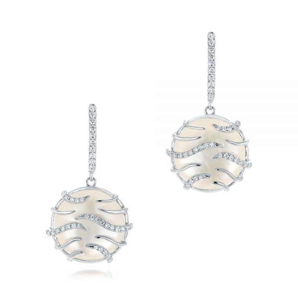 14k White Gold White Mother Of Pearl And Diamonds Mini Luna Earrings - Three-Quarter View -  102494