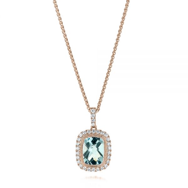 14k Rose Gold 14k Rose Gold Aquamarine And Diamond Halo Pendant - Three-Quarter View -  103734