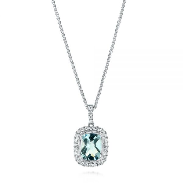 14k White Gold 14k White Gold Aquamarine And Diamond Halo Pendant - Three-Quarter View -  103734