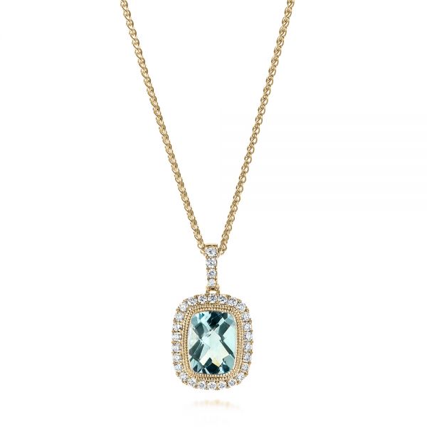 18k Yellow Gold 18k Yellow Gold Aquamarine And Diamond Halo Pendant - Three-Quarter View -  103734