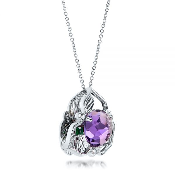 14k White Gold Amethyst And Diamond Floral Pendant - Flat View -  101123 - Thumbnail