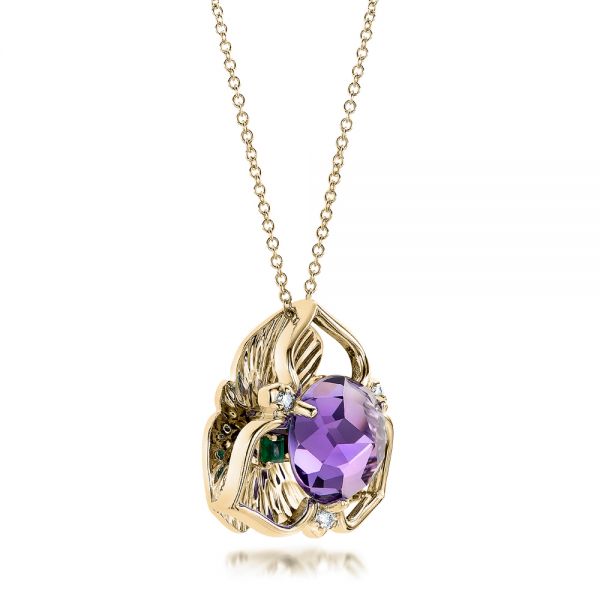 18k Yellow Gold 18k Yellow Gold Amethyst And Diamond Floral Pendant - Flat View -  101123 - Thumbnail