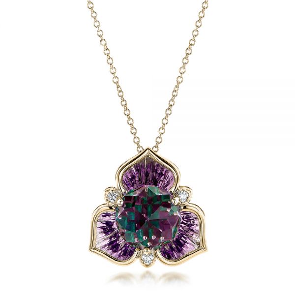 18k Yellow Gold 18k Yellow Gold Amethyst And Diamond Floral Pendant - Three-Quarter View -  101123 - Thumbnail
