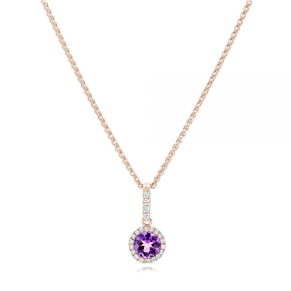 14k Rose Gold 14k Rose Gold Amethyst And Diamond Halo Pendant - Three-Quarter View -  102650