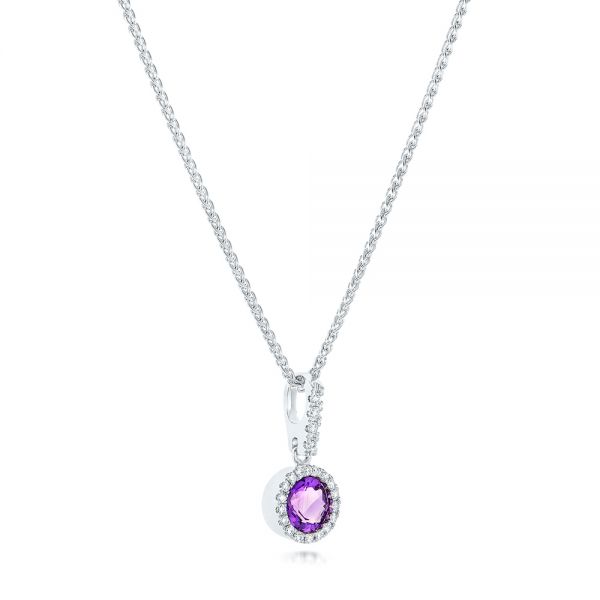 14k White Gold Amethyst And Diamond Halo Pendant - Flat View -  102650