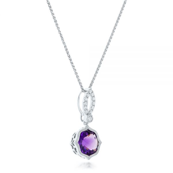 14k White Gold Amethyst And Diamond Pendant - Flat View -  102510