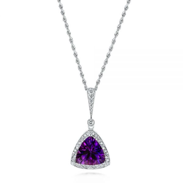 14k White Gold Amethyst And Diamond Pendant - Three-Quarter View -  103752