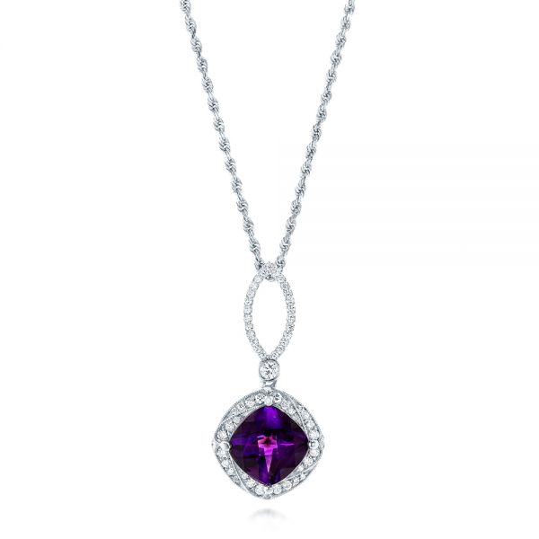 14k White Gold 14k White Gold Amethyst And Diamond Pendant - Three-Quarter View -  103775