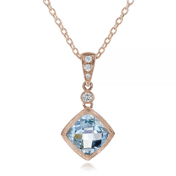 18k Rose Gold 18k Rose Gold Antique Cushion Aquamarine And Diamond Pendant - Three-Quarter View -  100451