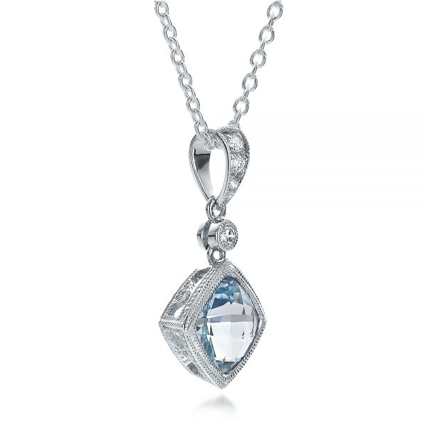 18k White Gold 18k White Gold Antique Cushion Aquamarine And Diamond Pendant - Flat View -  100451