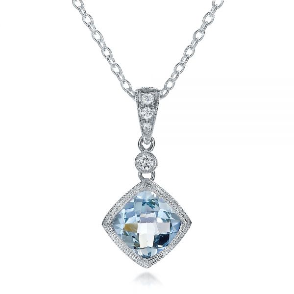  Platinum Platinum Antique Cushion Aquamarine And Diamond Pendant - Three-Quarter View -  100451