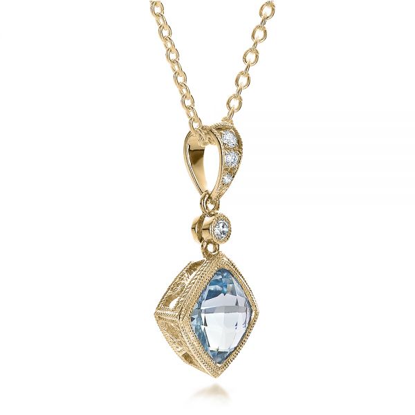 18k Yellow Gold 18k Yellow Gold Antique Cushion Aquamarine And Diamond Pendant - Flat View -  100451