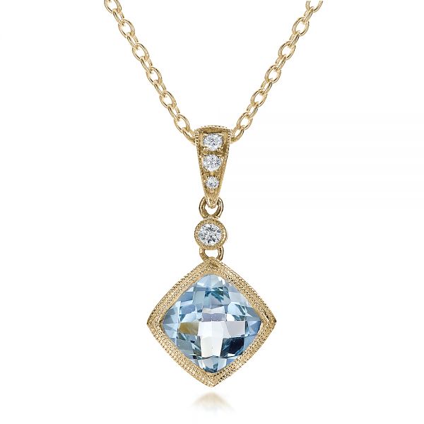 14k Yellow Gold 14k Yellow Gold Antique Cushion Aquamarine And Diamond Pendant - Three-Quarter View -  100451