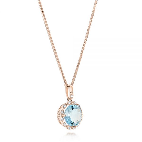 14k Rose Gold 14k Rose Gold Aquamarine And Diamond Halo Pendant - Flat View - 101941