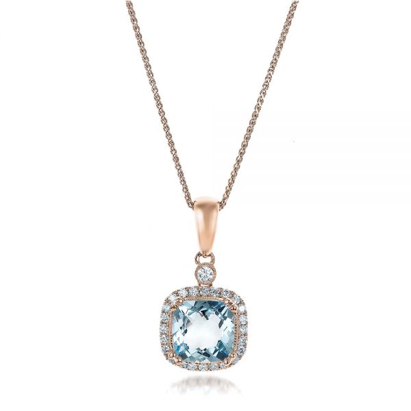 18k Rose Gold 18k Rose Gold Aquamarine And Diamond Halo Pendant - Three-Quarter View -  101014