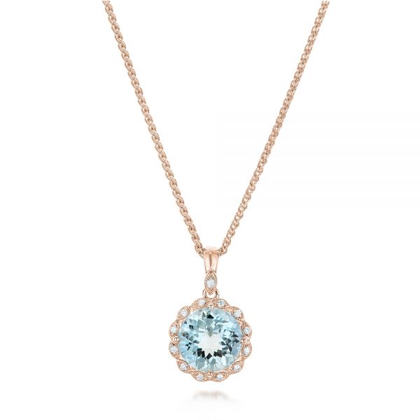 14k Rose Gold 14k Rose Gold Aquamarine And Diamond Halo Pendant - Three-Quarter View - 101941