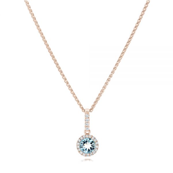 14k Rose Gold 14k Rose Gold Aquamarine And Diamond Halo Pendant - Three-Quarter View -  102633