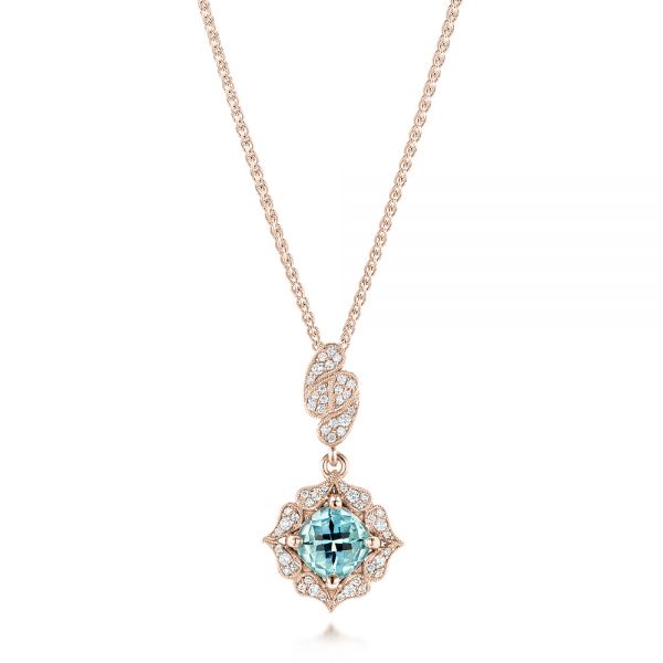 14k Rose Gold 14k Rose Gold Aquamarine And Diamond Halo Pendant - Three-Quarter View -  103541